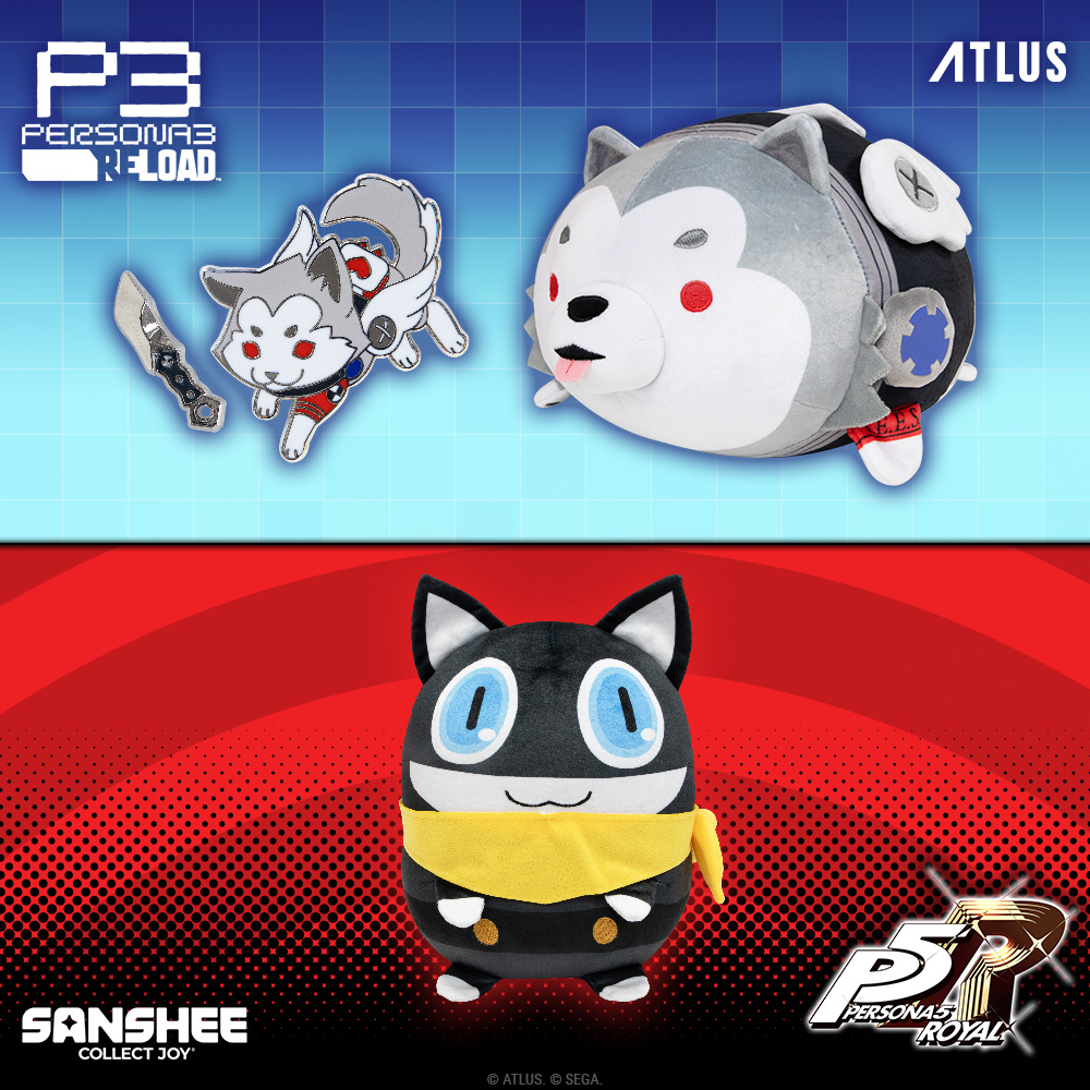 A Persona 3 Reload Koromaru pillow plush and a Koromaru dagger pin set on the top of the image. A Persona 5 Royal Morgana pillow plush at the bottom of the image.